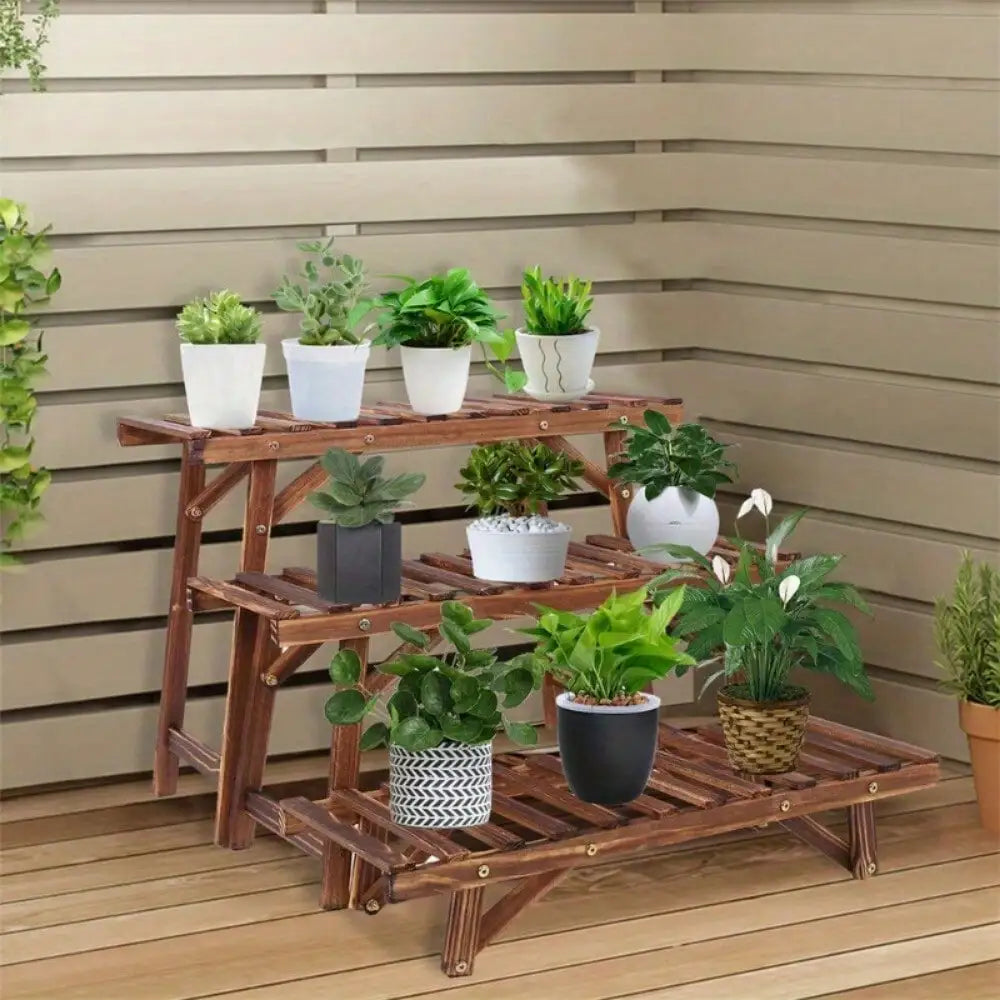 Three-Tier Wooden Ladder Plant Stand for Indoor Outdoor Garden