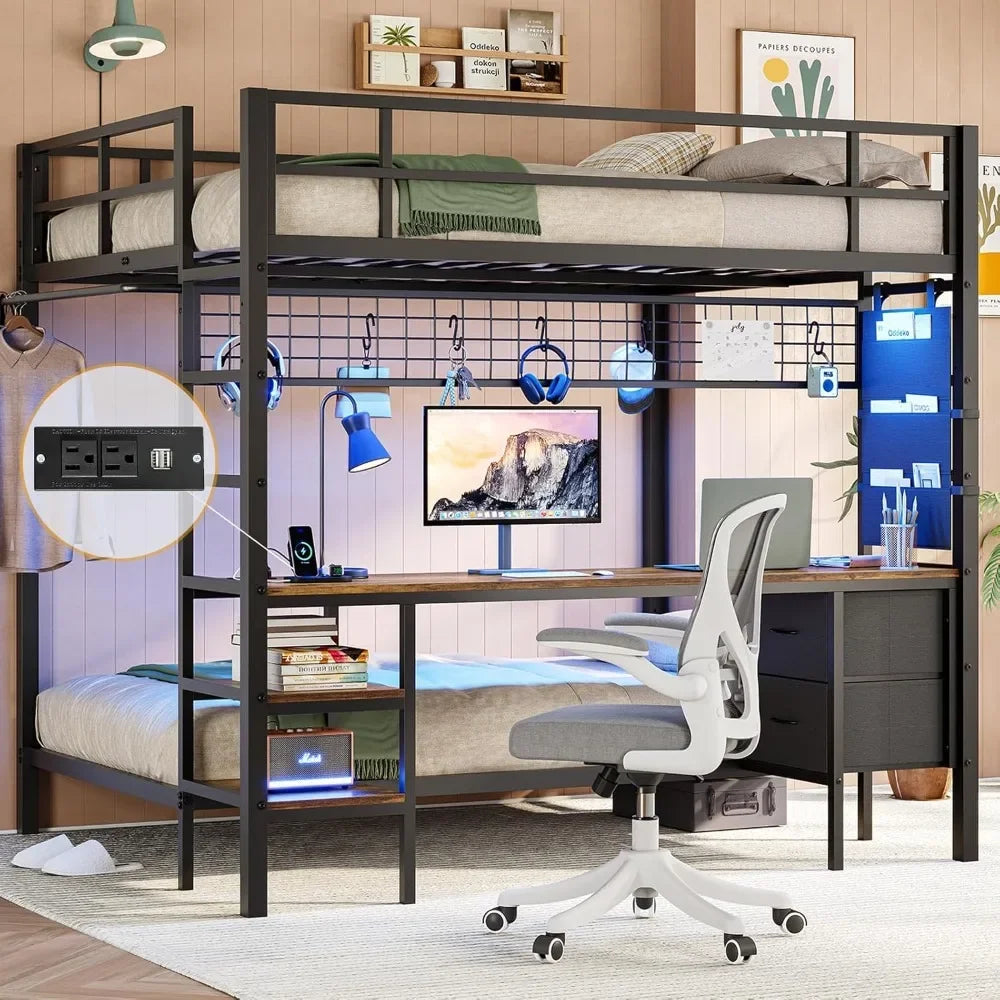 XMSJ Bunk Bed With Desk, Storage, Charging Station, LED Lights