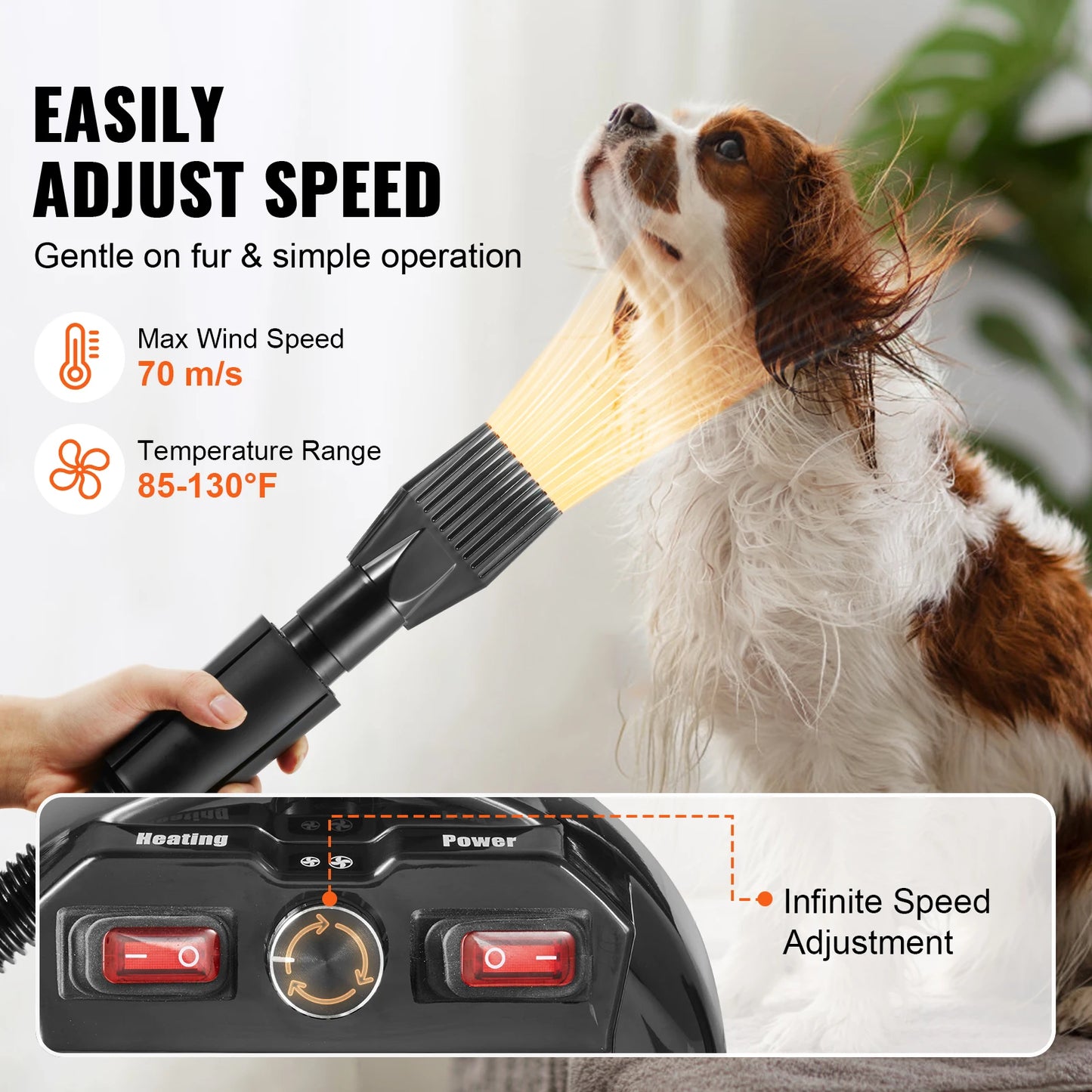 Dog Grooming Dryer 2000W Adjustable Speed Extendable Hose 4 Nozzles
