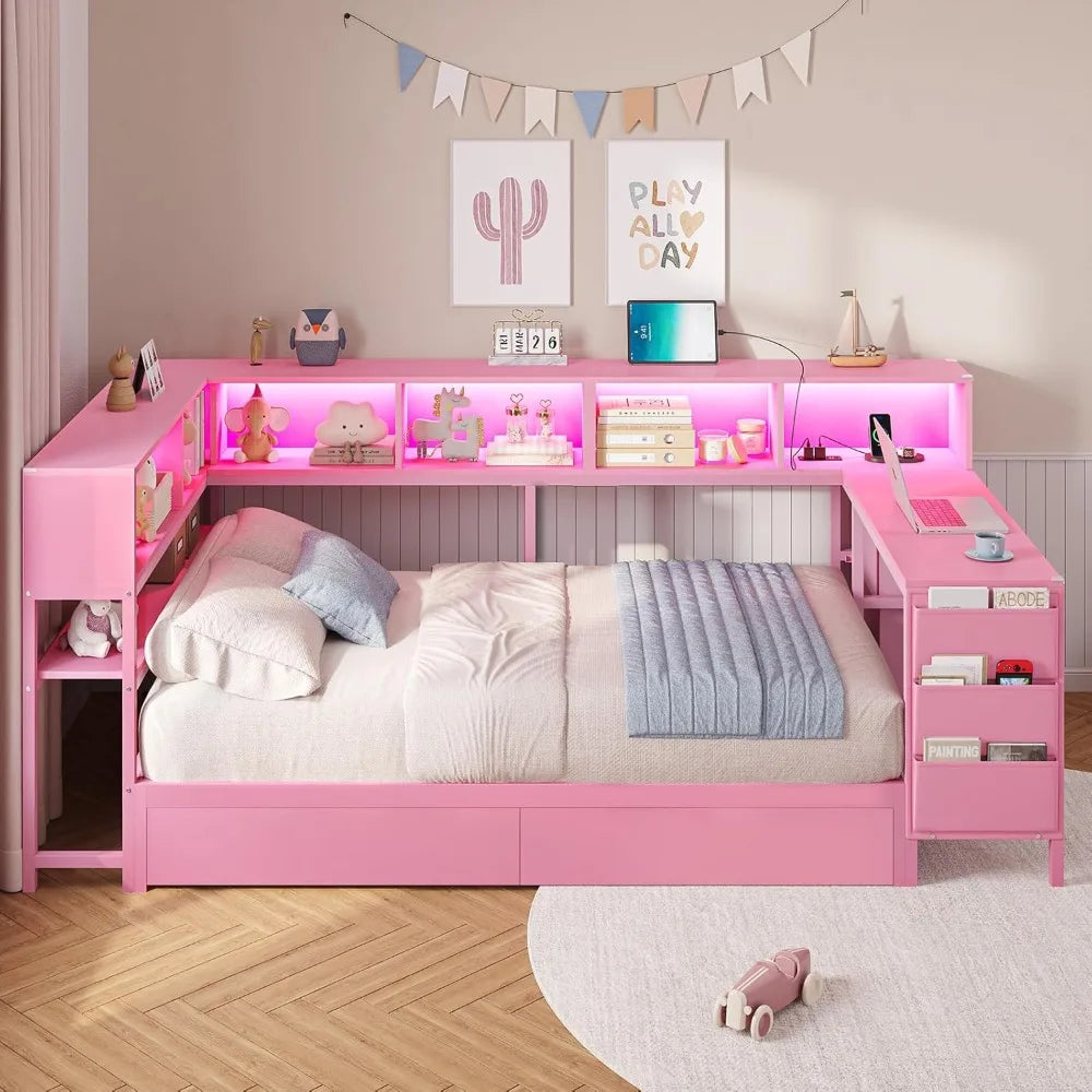 Corner Bed Frame With Desk Charging Station And Bookcase Storage
