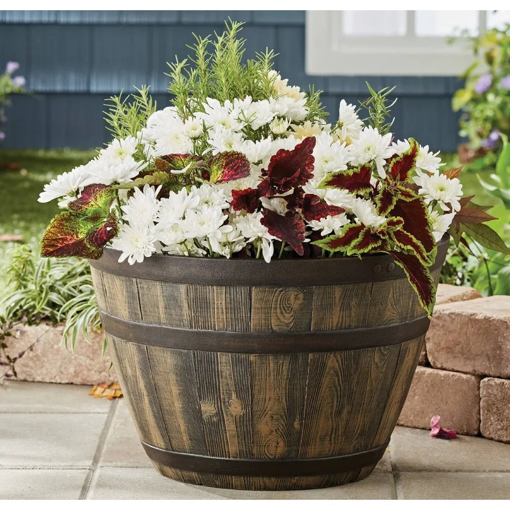 Rustic Whiskey Barrel Planter UV Resistant Plastic Indoor Outdoor