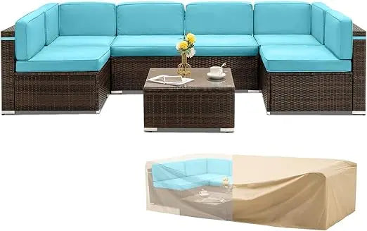 Outdoor Patio Furniture Set 7 Pieces PE Rattan Sectional Sofa Waterproof Cover