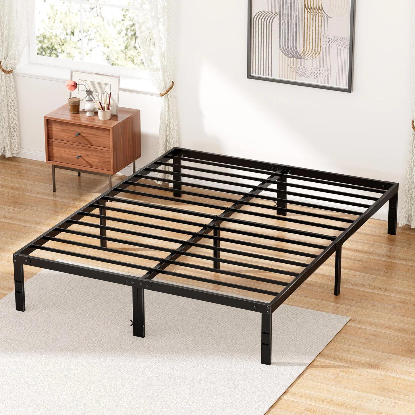 JHK Metal Bed Frame Platform Storage And Steel Slat Support