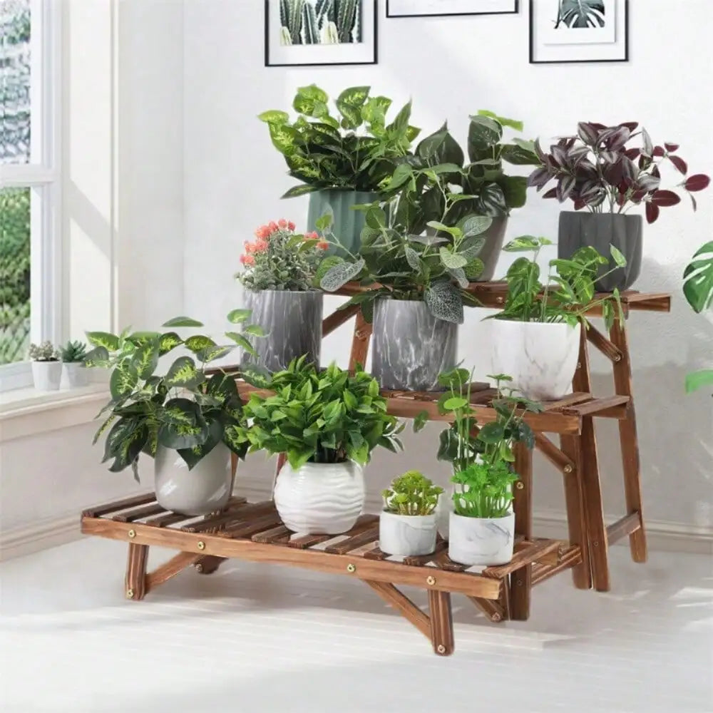 Three-Tier Wooden Ladder Plant Stand for Indoor Outdoor Garden