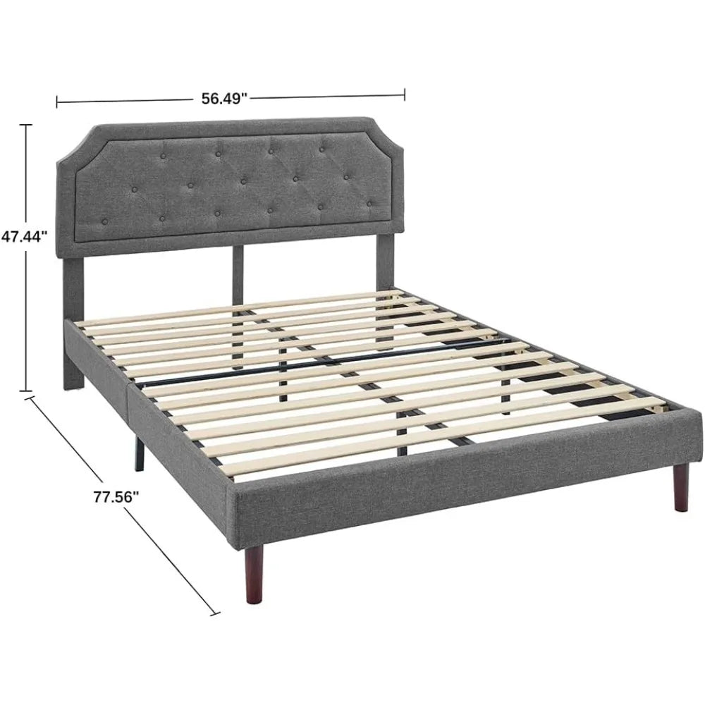 Platform Bed Frame With Wood Slat Support And Tufted Headboard