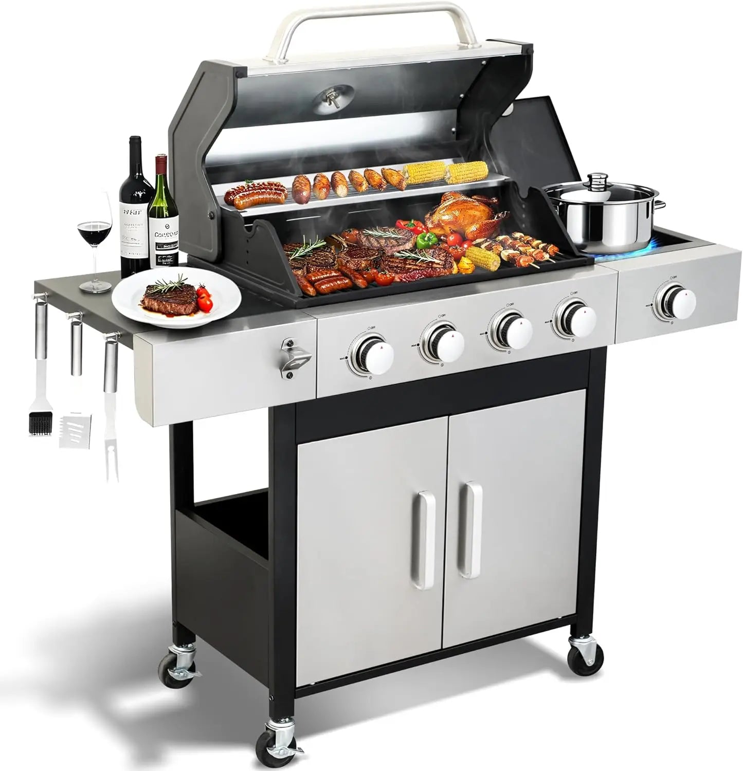 4 Burner Propane Gas BBQ Grill With Side Burner Stainless