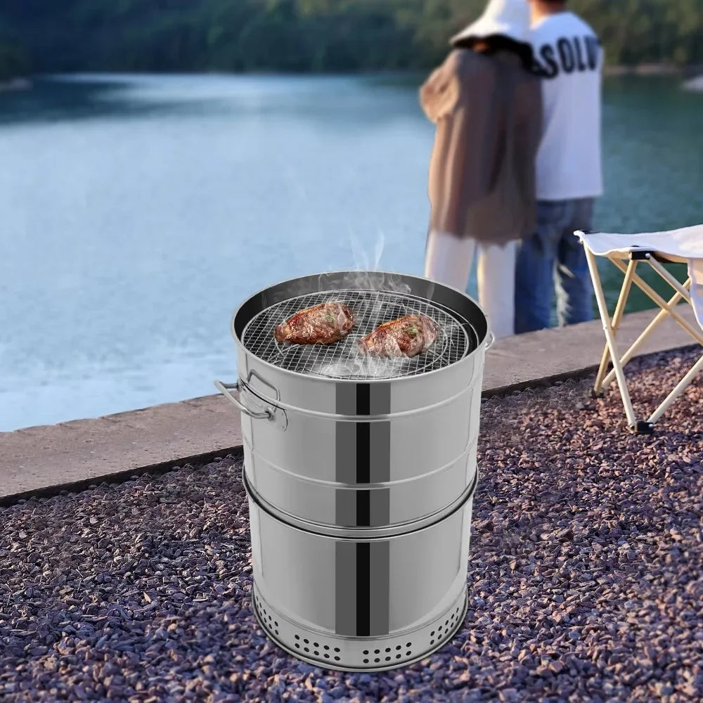 Smokeless Portable Charcoal Grill 360 Degree Stainless Steel Barrel Skewers