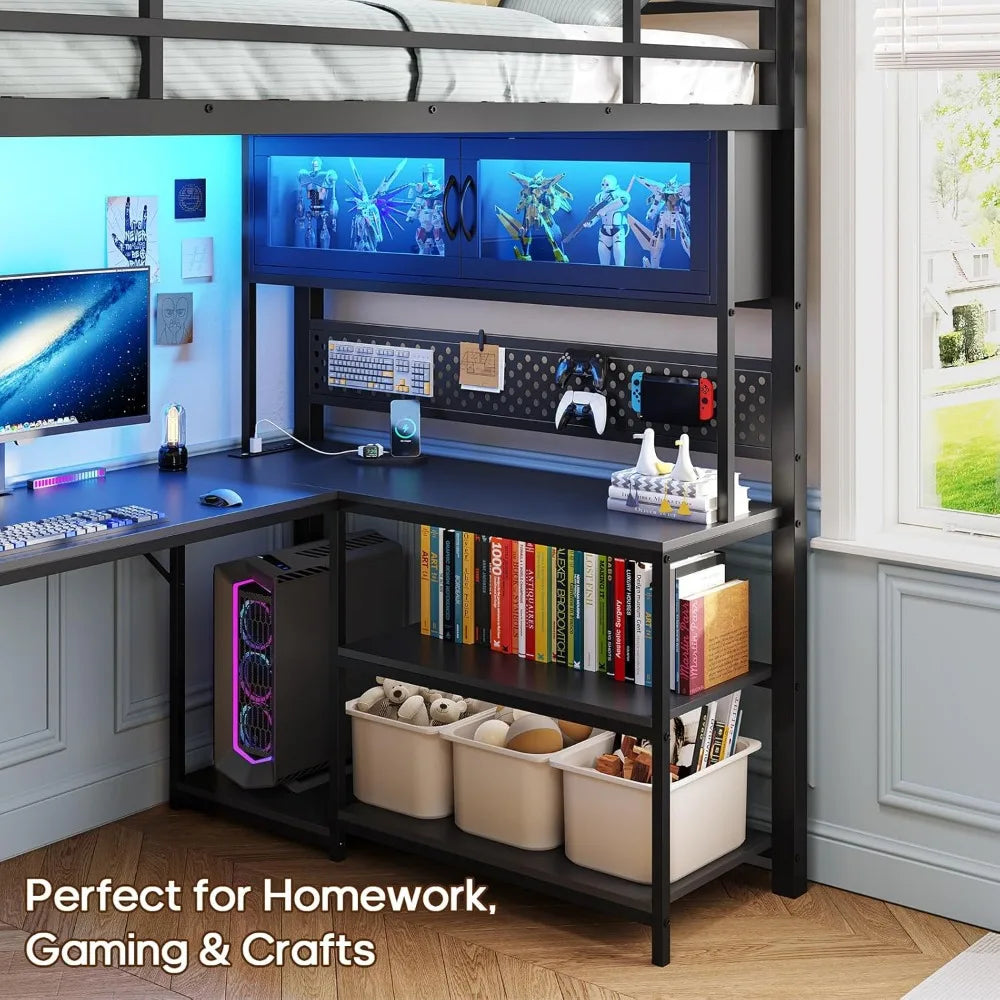 Loft Bed With L Shaped Desk Storage Hutch Safety Outlet