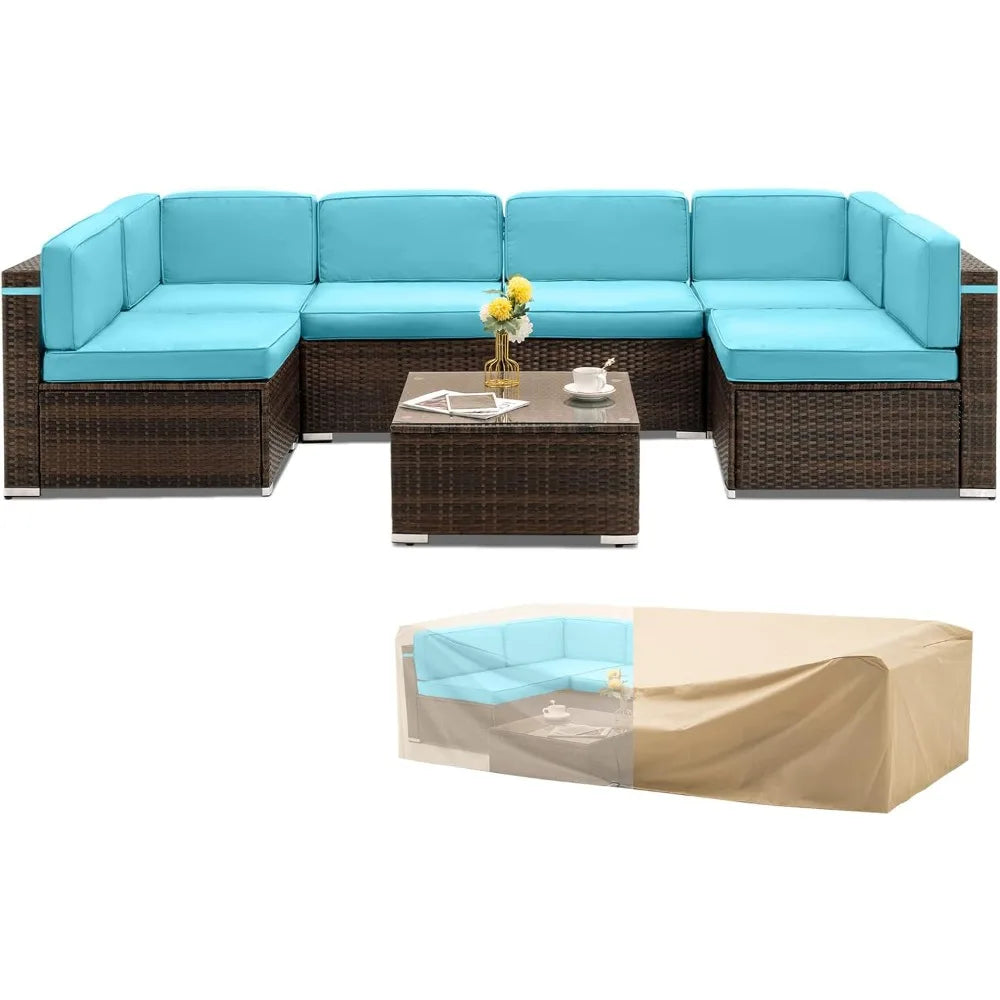 Outdoor Patio Furniture Set 7 Pieces PE Rattan Sectional Sofa Waterproof Cover