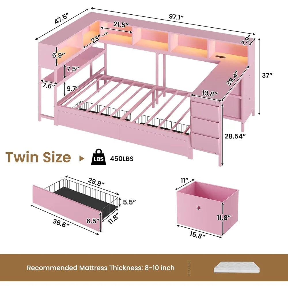Corner Bed Frame With Desk Charging Station And Bookcase Storage