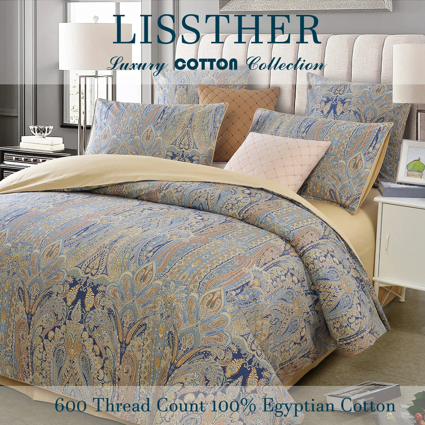 LISSTHERCN 3 Piece 600TC Egyptian Cotton Duvet Cover Set