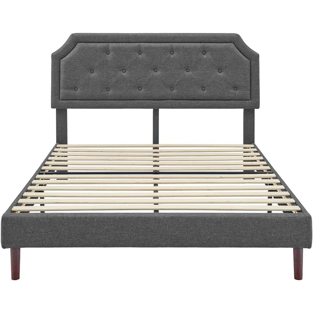 Platform Bed Frame With Wood Slat Support And Tufted Headboard