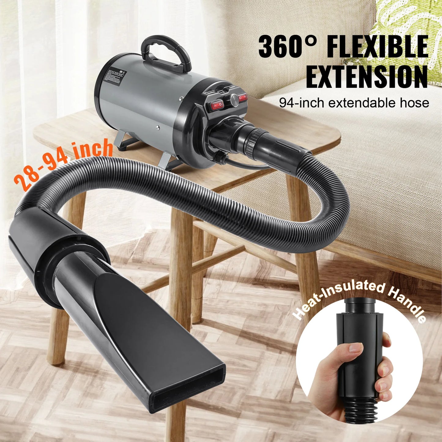 Dog Grooming Dryer 2000W Adjustable Speed Extendable Hose 4 Nozzles