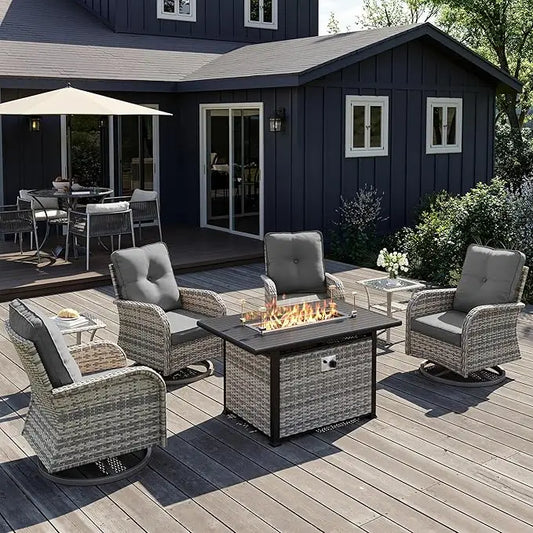 7 Piece Outdoor Wicker Patio Bistro Set With Rocking Chairs