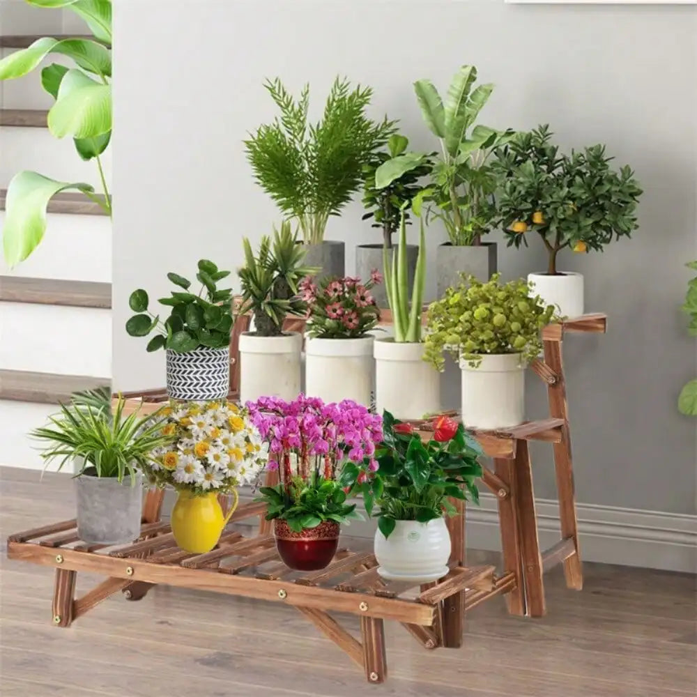 Three-Tier Wooden Ladder Plant Stand for Indoor Outdoor Garden