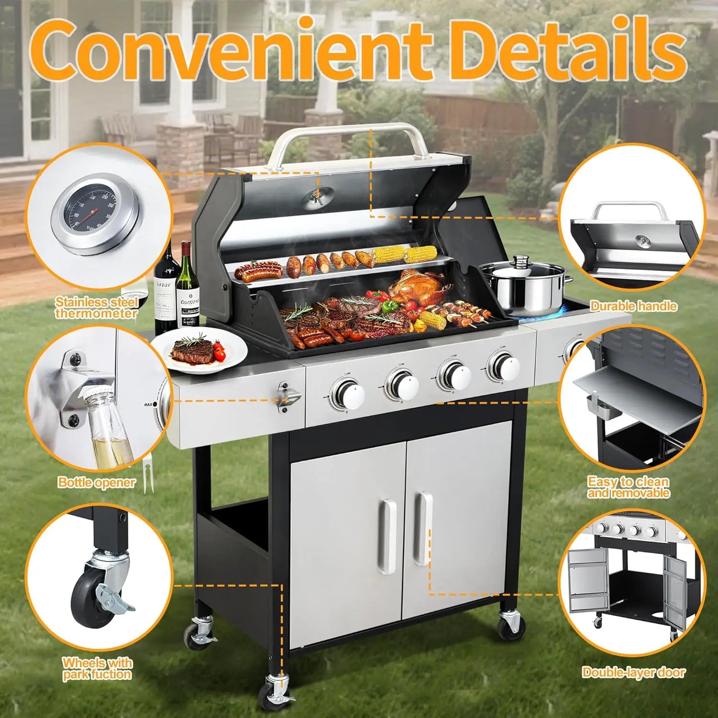 4 Burner Propane Gas BBQ Grill With Side Burner Stainless