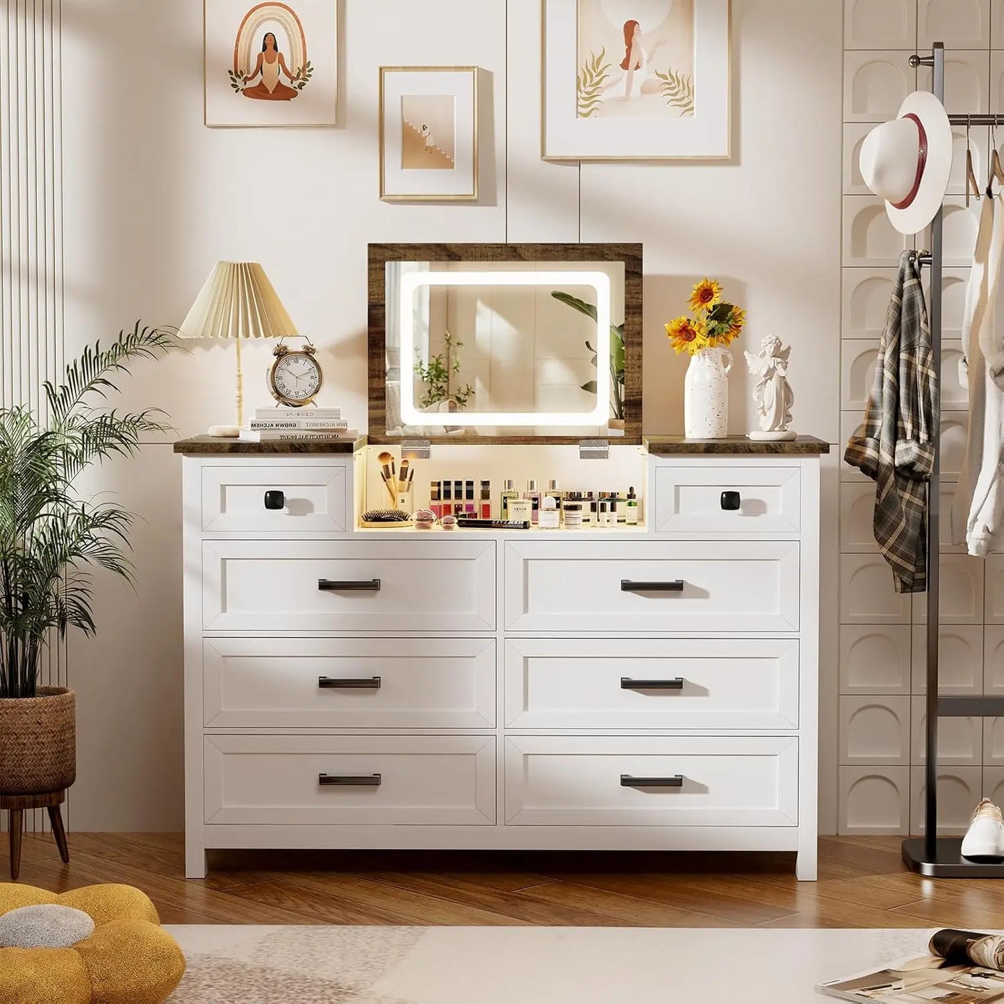 XMSJ Dresser With Mirror LED Vanity 8 Drawer Charging Station