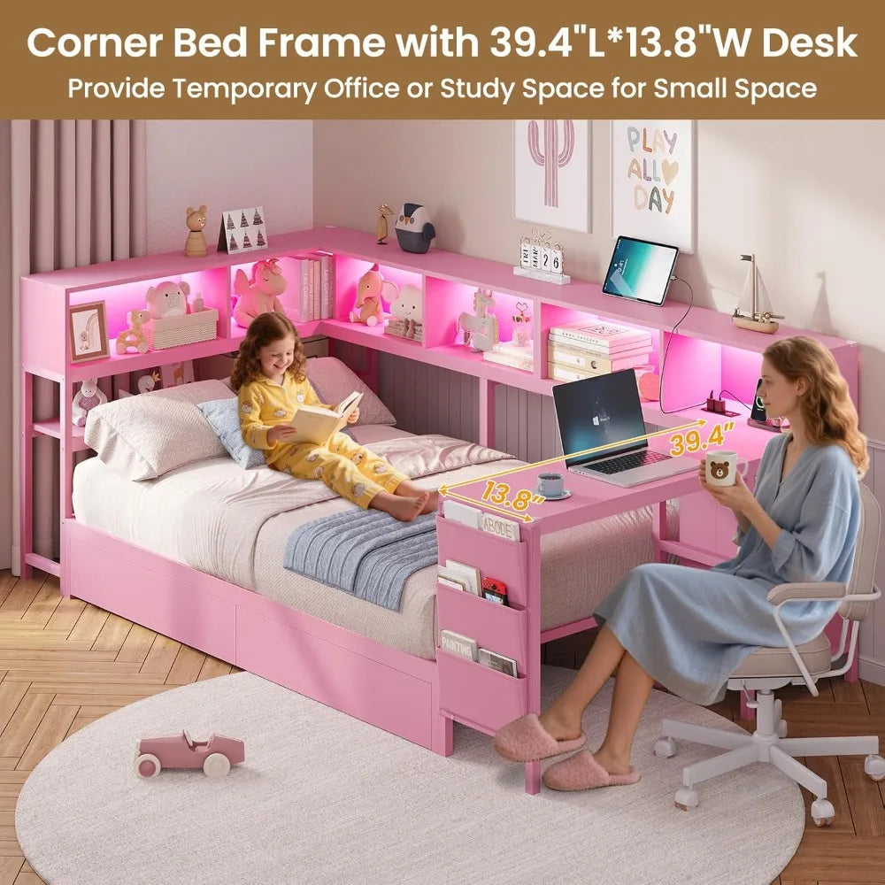 Corner Bed Frame With Desk Charging Station And Bookcase Storage