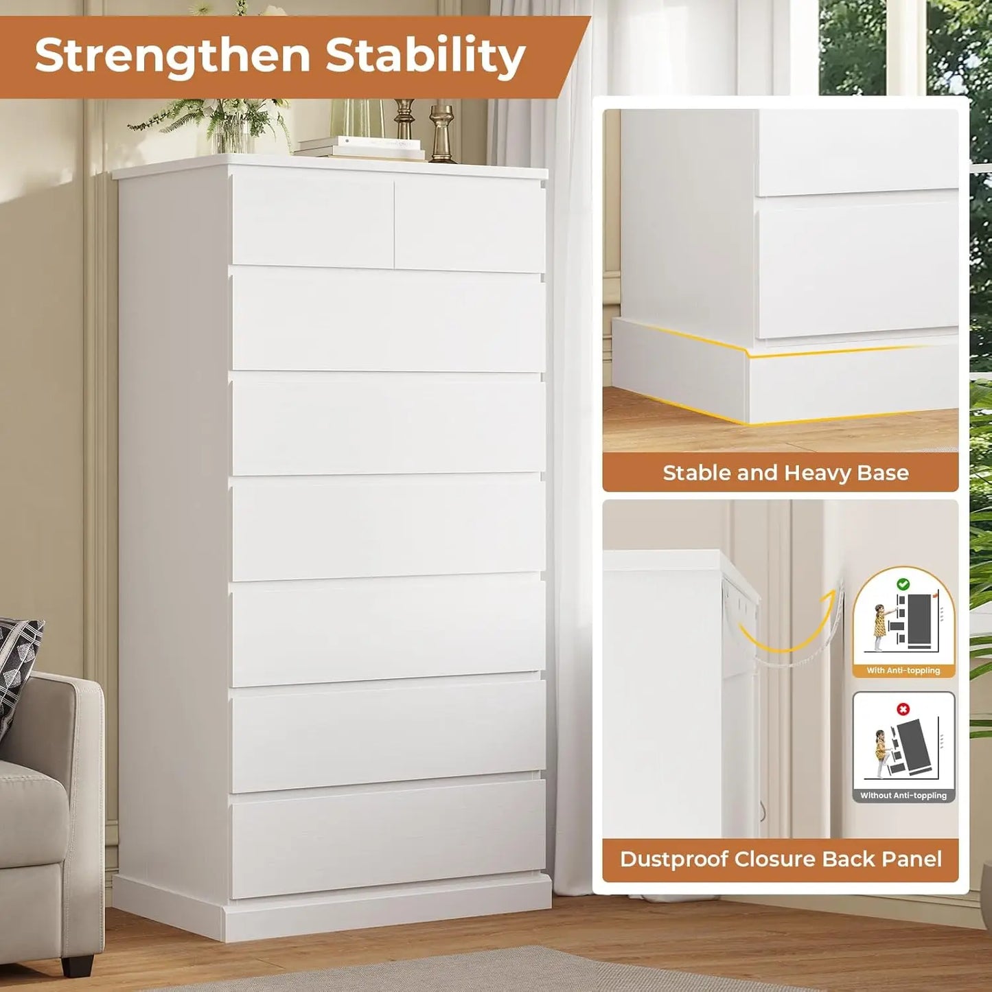 Eight-Drawer Tall Dresser for Bedroom Closet Storage Cabinet