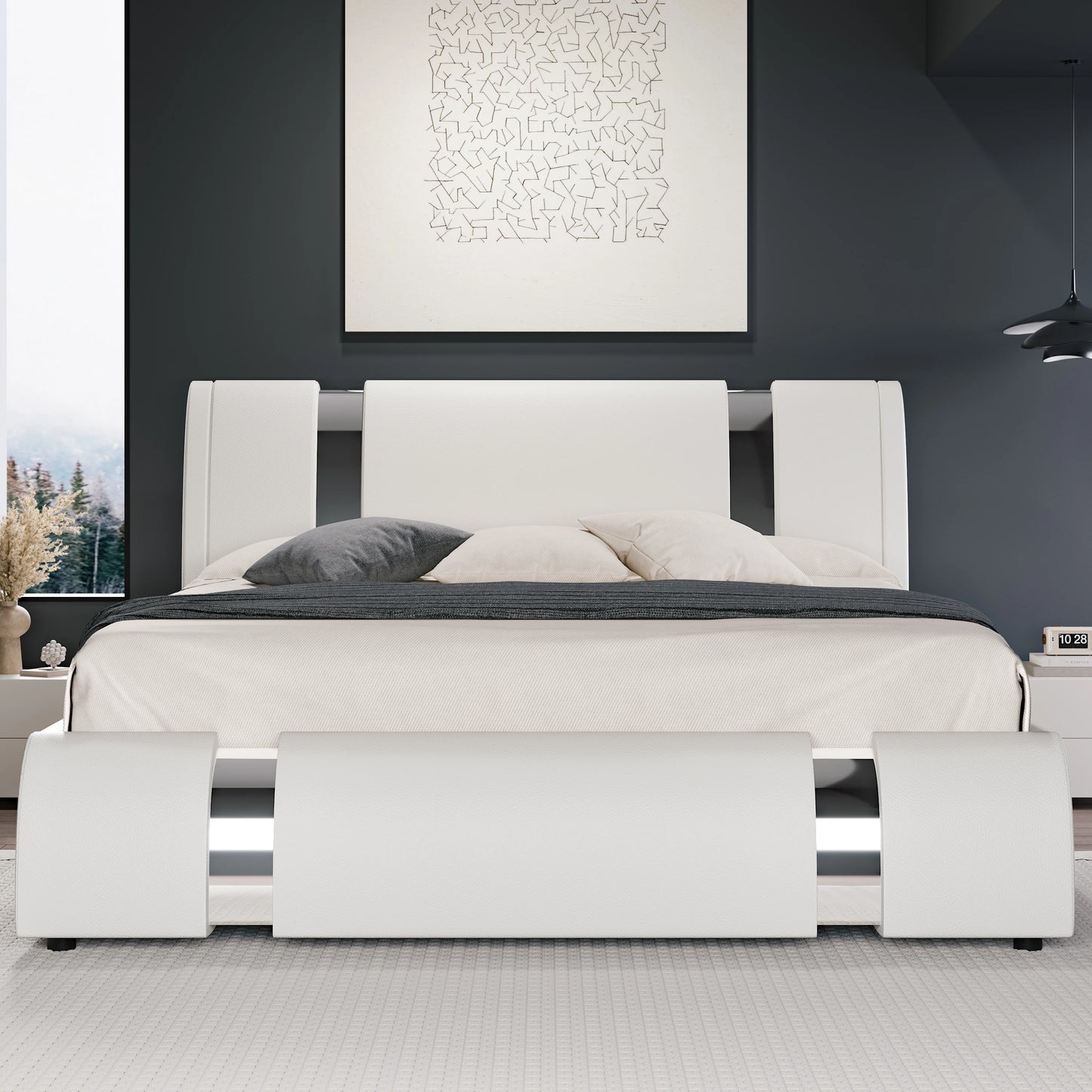 HOOMI Modern Faux Leather Bed Frame With Iron Accents