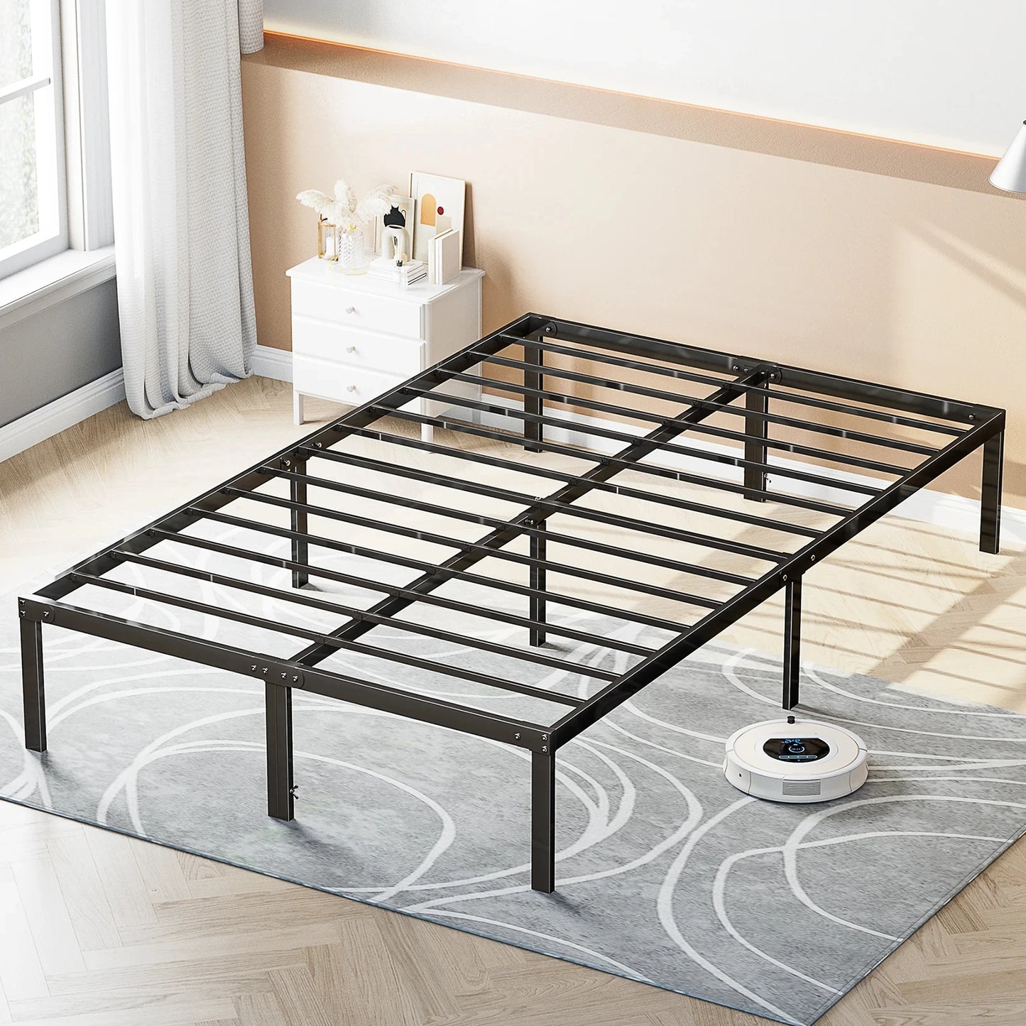 JHK Metal Bed Frame Platform Storage And Steel Slat Support