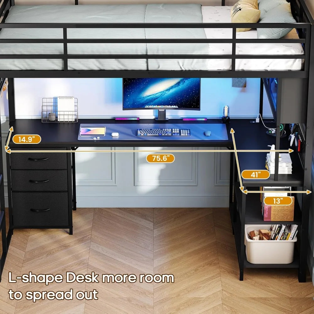 Loft Bed With L Shaped Desk Storage Hutch Safety Outlet
