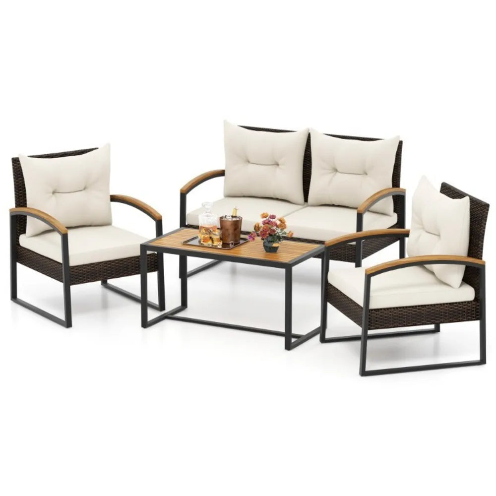 Patio Outdoor Rattan Conversation Sofa Set With Tabletop And Cushions