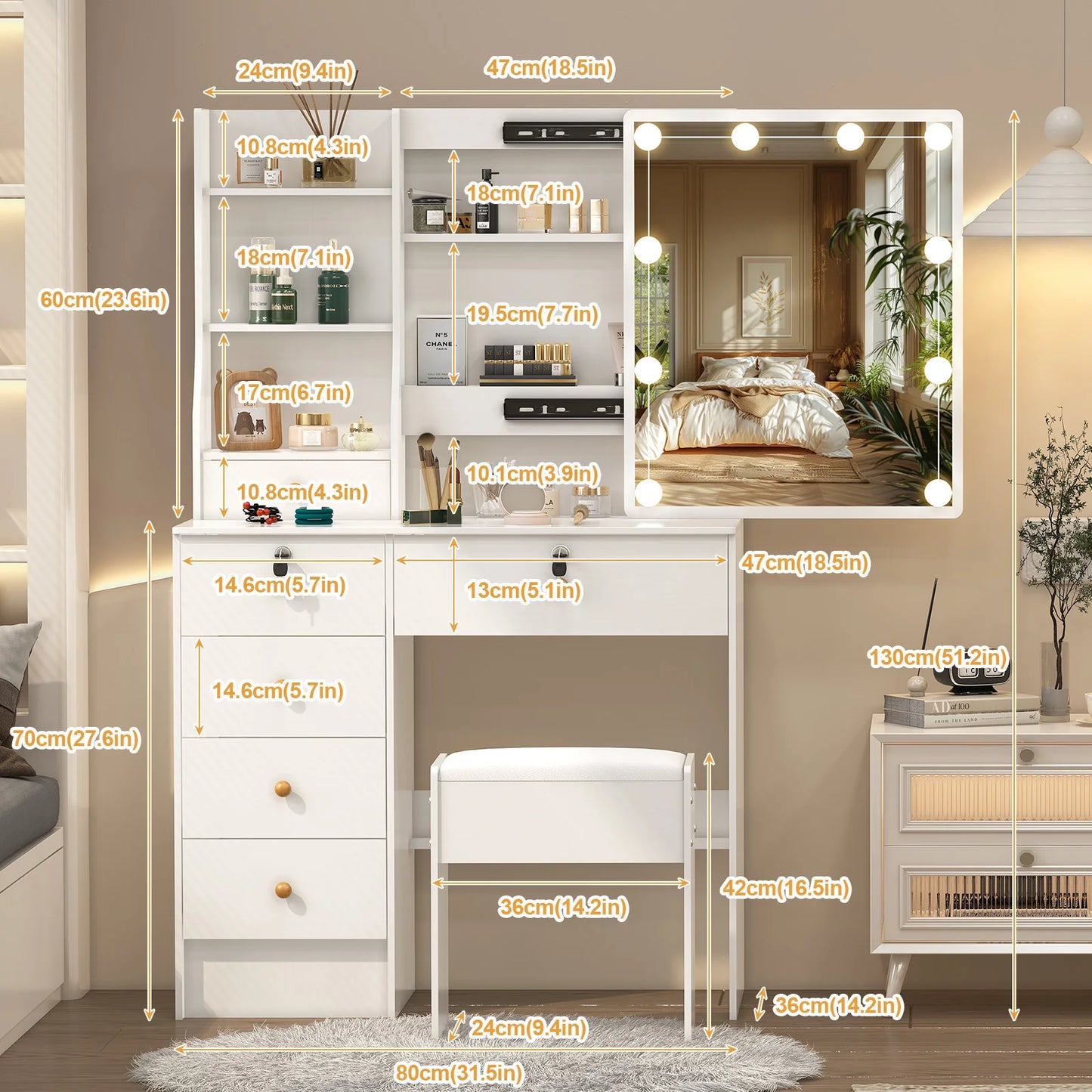 Lighted Vanity Desk Dressing Table Stool And LED Makeup Mirror