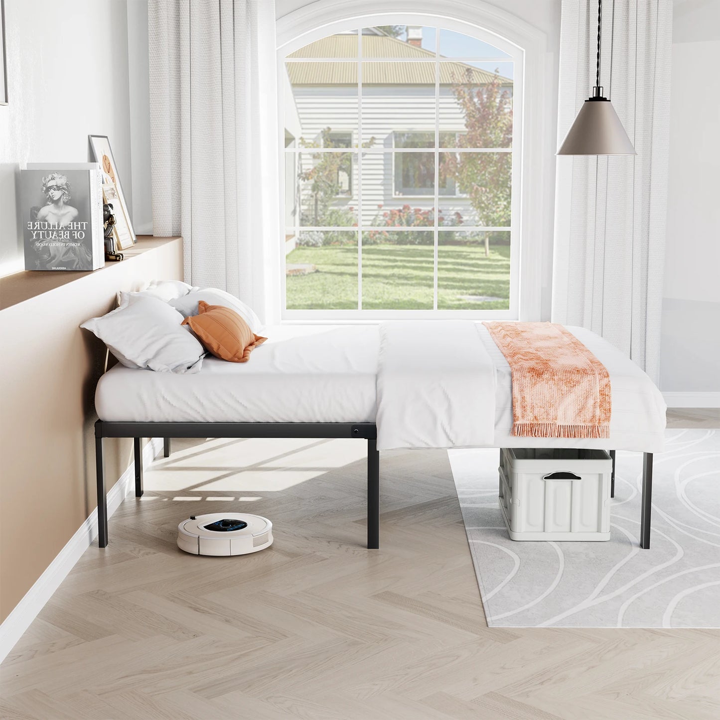 JHK Metal Bed Frame Platform Storage And Steel Slat Support