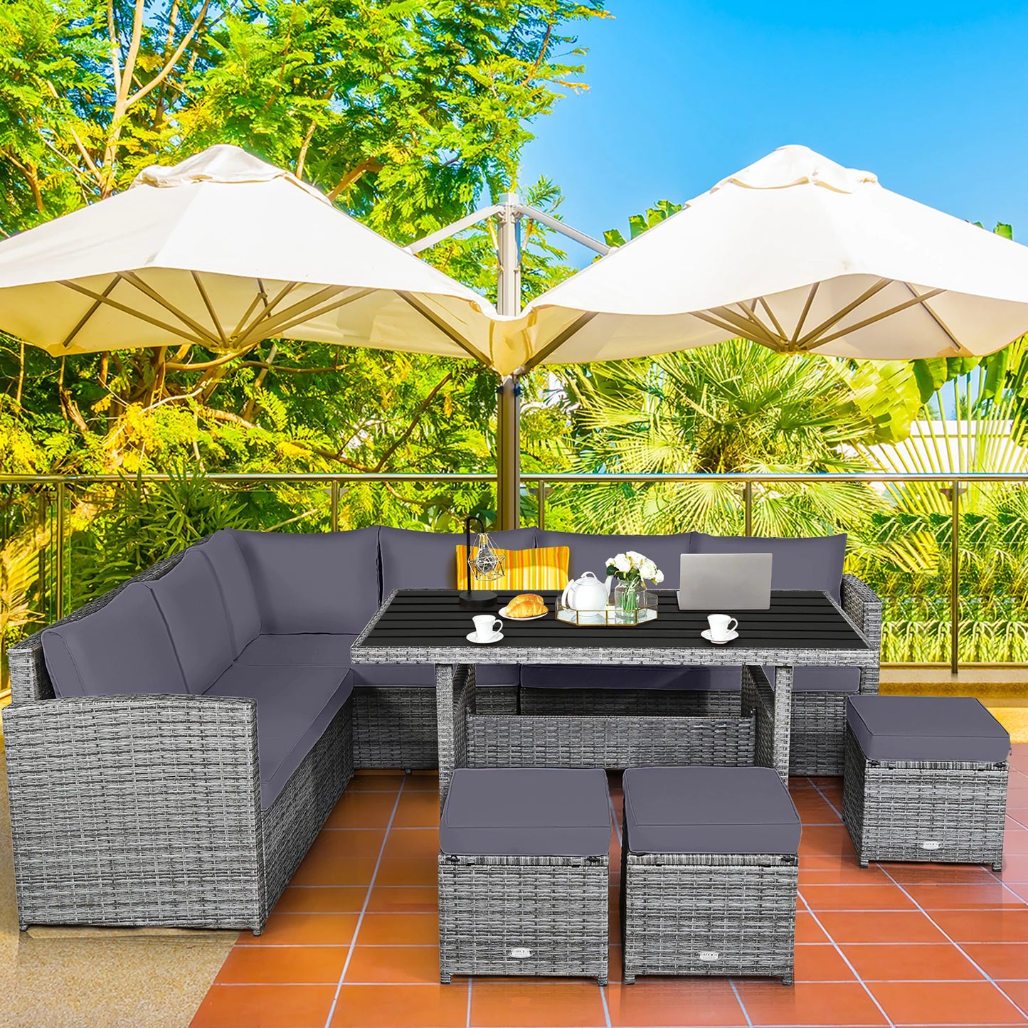 HOMASIS 7-Piece Patio Rattan Dining Set with Sectional Sofa Ottomans