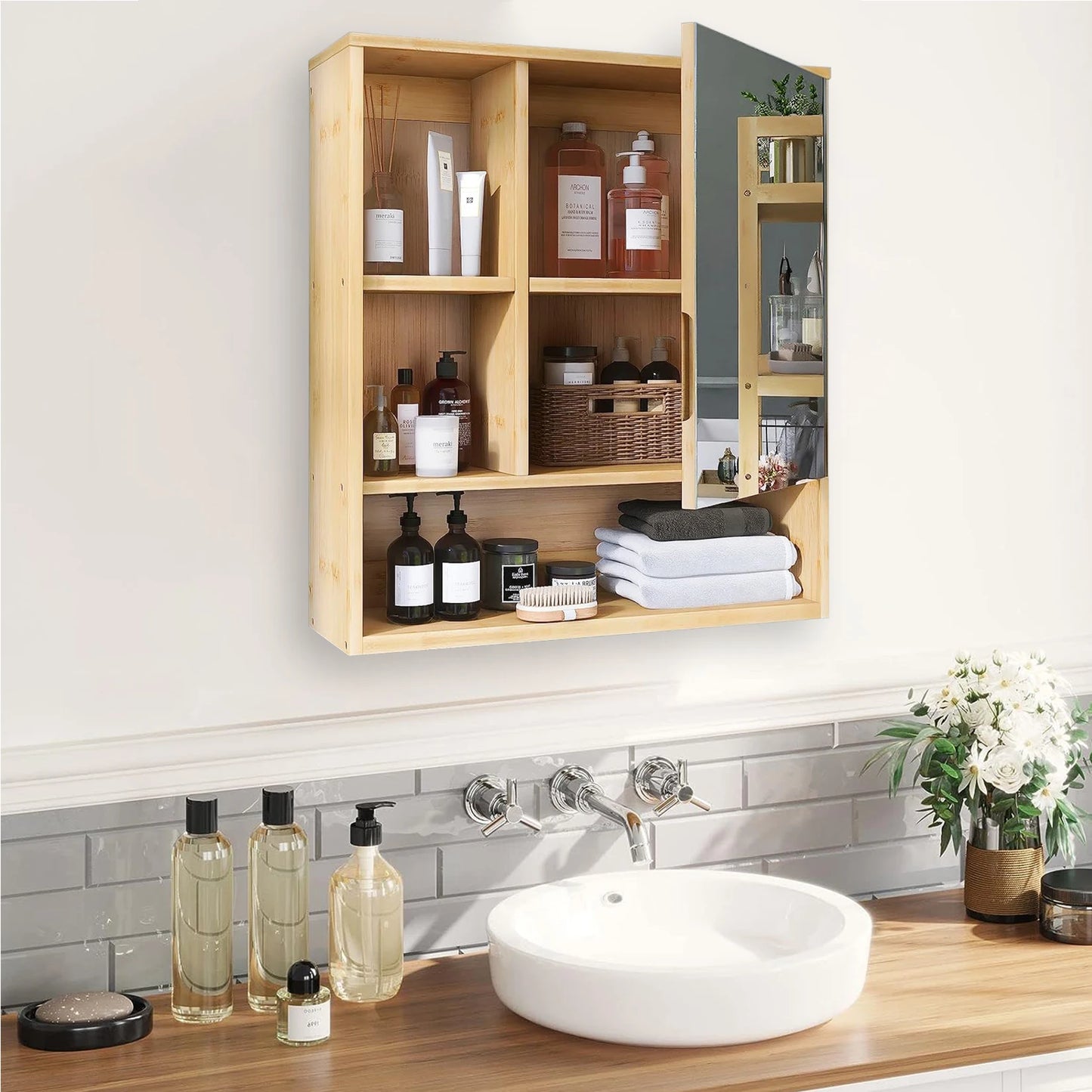Wisfor Bamboo Wall Medicine Cabinet With Mirror Bathroom Storage