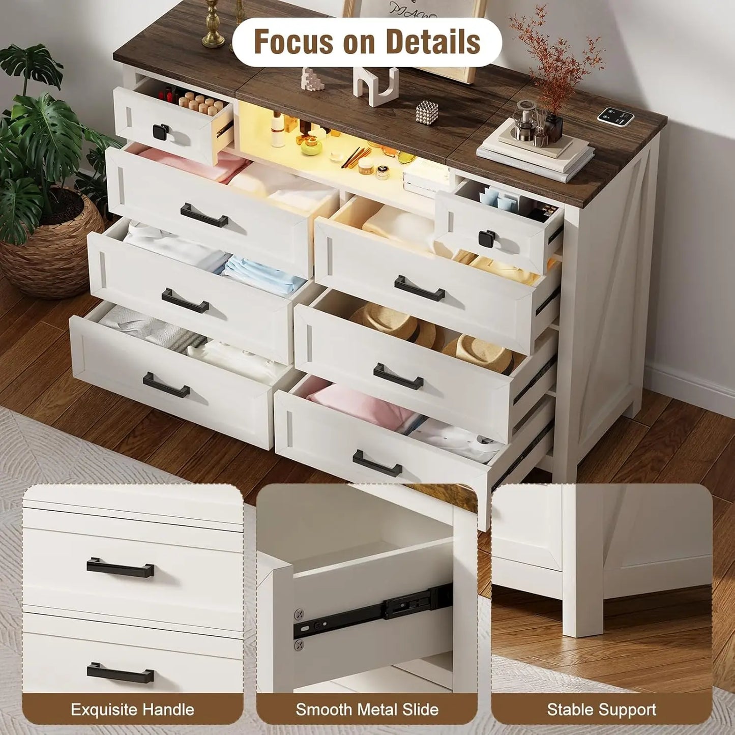XMSJ Dresser With Mirror LED Vanity 8 Drawer Charging Station