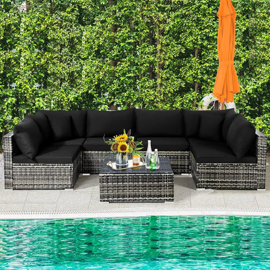 Patiojoy Outdoor Rattan Furniture Set With Cushions And Coffee Table