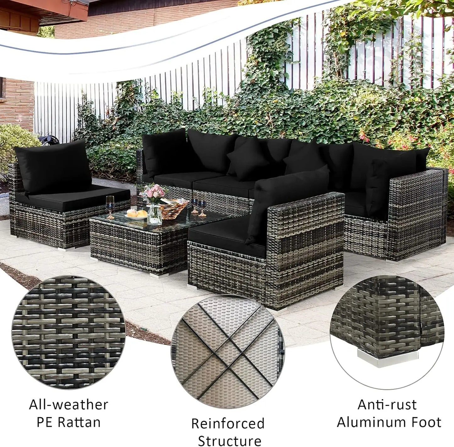 Patiojoy Outdoor Rattan Furniture Set With Cushions And Coffee Table