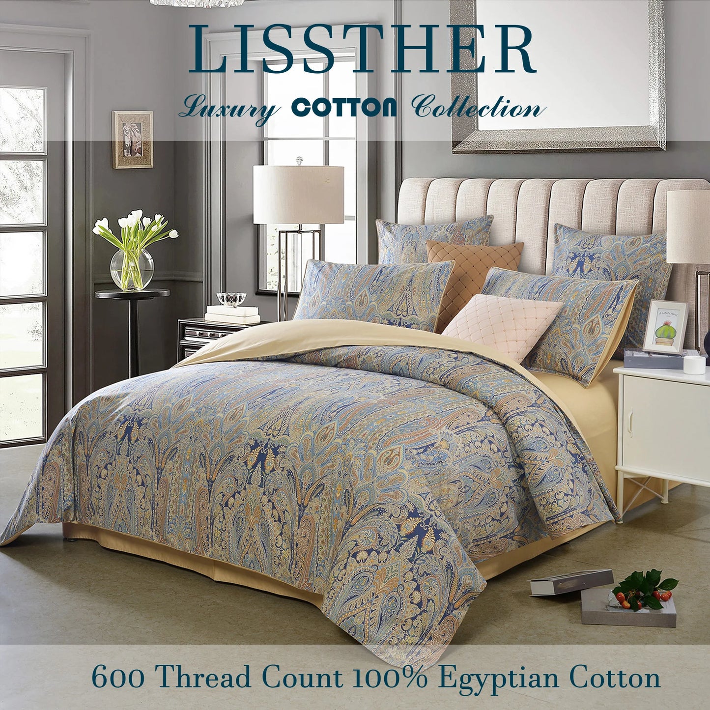LISSTHERCN 3 Piece 600TC Egyptian Cotton Duvet Cover Set